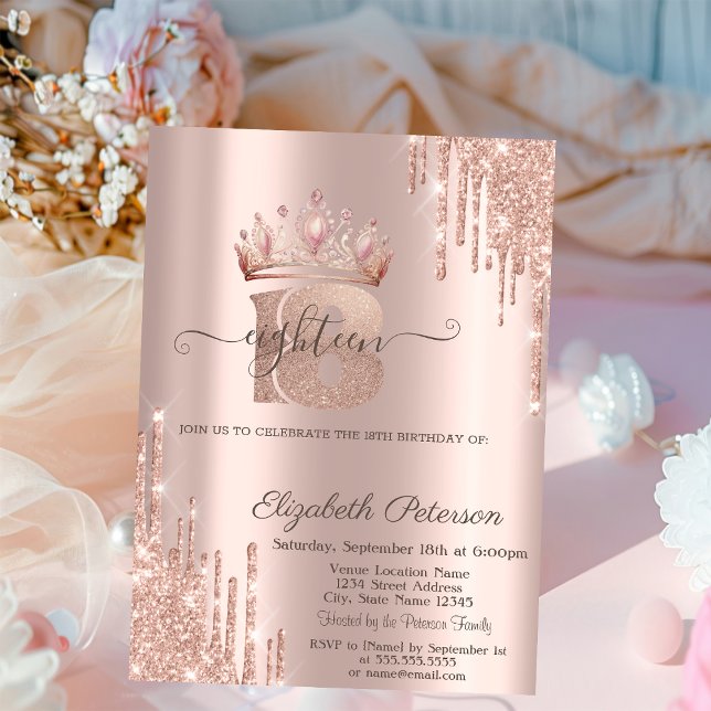Invitation Couronne de princesse chic paillettes gouttes rose (Créateur téléchargé)