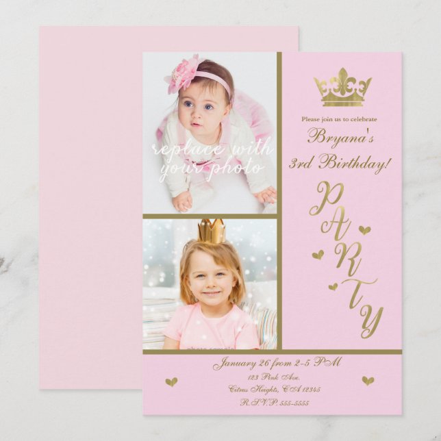 Invitation Couronne de princesse coeurs rose et or 2 photos f (Devant / Derrière)