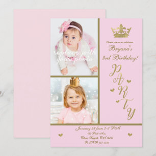 Invitation Couronne de princesse coeurs rose et or 2 photos f