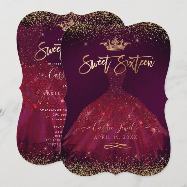 Invitation Couronne de princesse + Confettis Bourgogne Or Swe (Devant / Derrière)