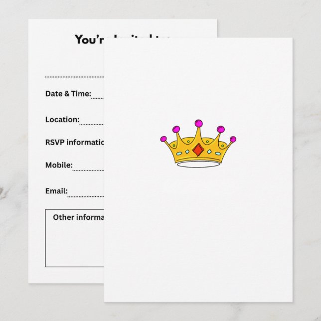 Invitation Couronne de princesse, couronne de prince, thème d (Devant / Derrière)