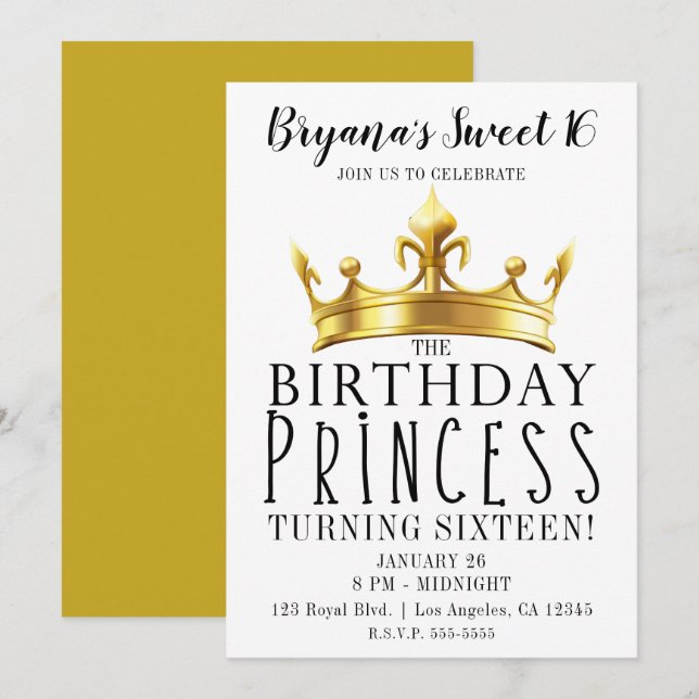 Invitation Couronne de princesse d'anniversaire Diadème royal (Devant / Derrière)