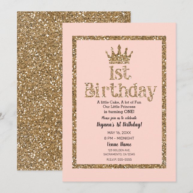 Invitation Couronne de Princesse de 1er Anniversaire Paillett (Devant / Derrière)