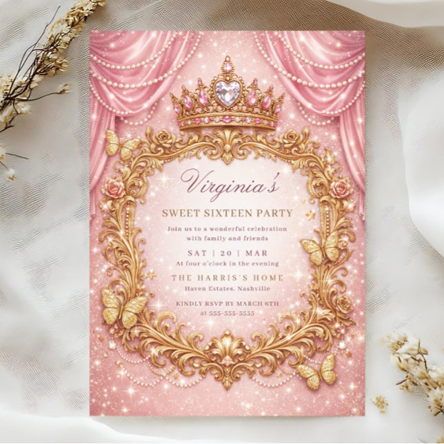 Invitation Couronne de princesse de luxe rose or anniversaire (Créateur téléchargé)