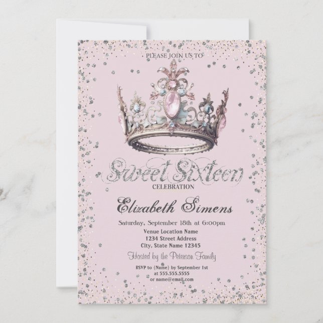 Invitation Couronne de princesse élégante diamants confettis  (Devant)