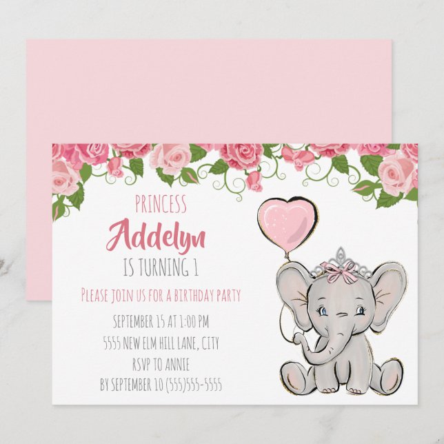 Invitation Couronne de princesse éléphant rose florale 1er an (Devant / Derrière)