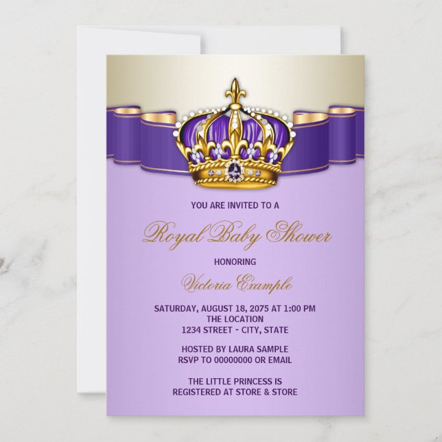 Invitation Couronne de princesse en or violet pour Baby Showe (Devant)