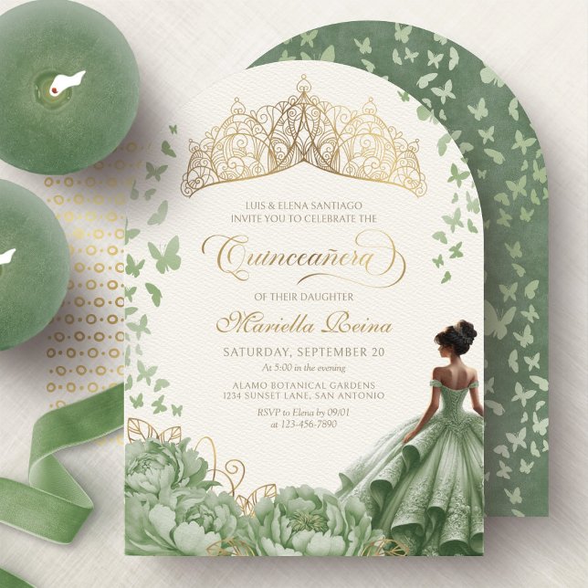 Invitation Couronne de princesse en vert sauge pour Quinceane (Créateur téléchargé)