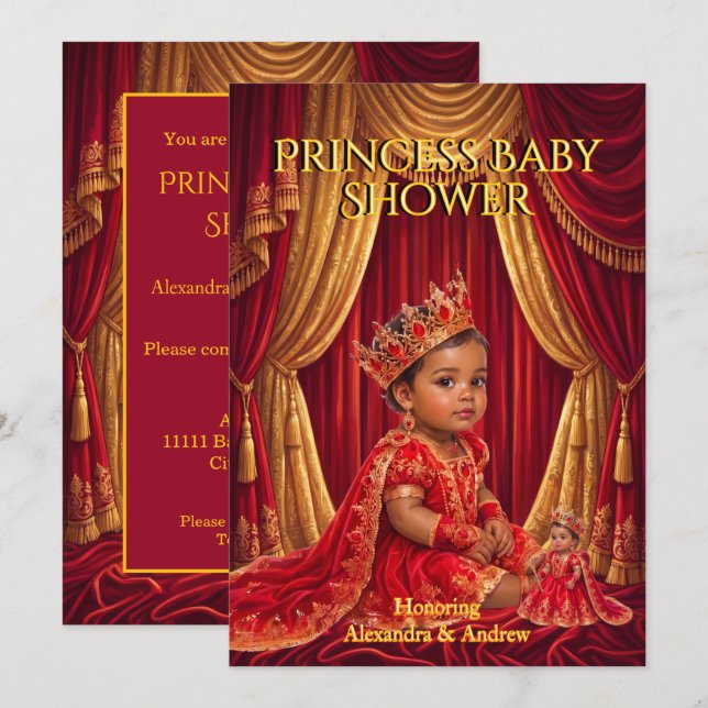 Invitation Couronne de princesse exotique bébé shower rouge o (Devant / Derrière)