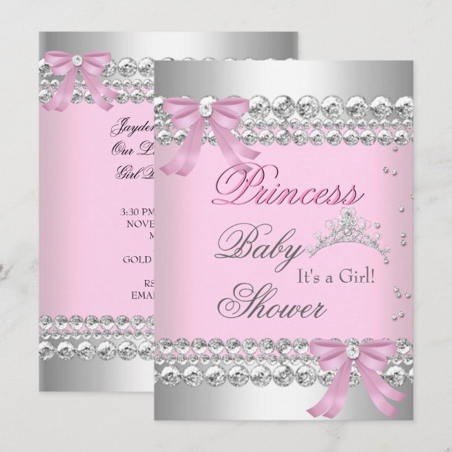 Invitation Couronne de Princesse Fille Baby Shower Blanche Ro (Devant / Derrière)