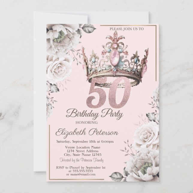 Invitation Couronne de princesse florale pour fête d'annivers (Devant)