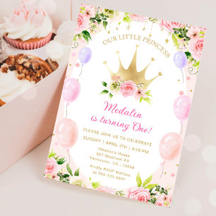Invitation Couronne de princesse florale rose 1er anniversair