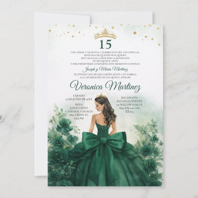 Invitation Couronne de princesse florale verte émeraude espag (Devant)