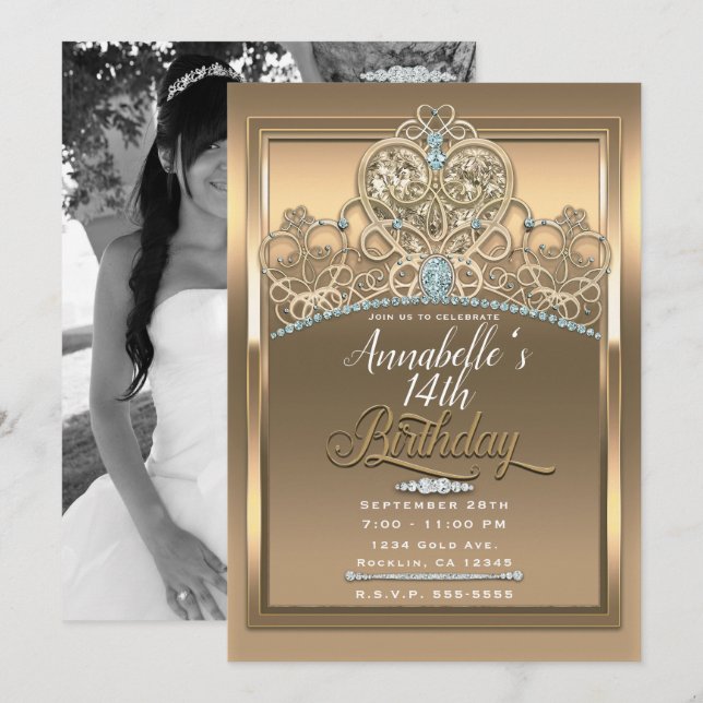 Invitation Couronne de princesse glamour or pour anniversaire (Devant / Derrière)