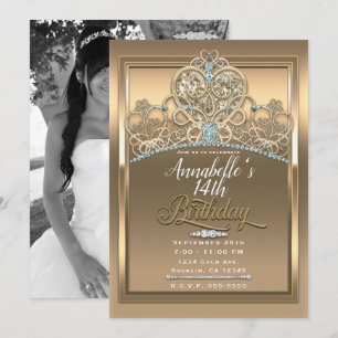 Invitation Couronne de princesse Gold Glam pour anniversaire 