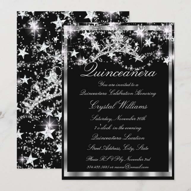 Invitation Couronne de princesse noire argentée Quinceanera (Devant / Derrière)