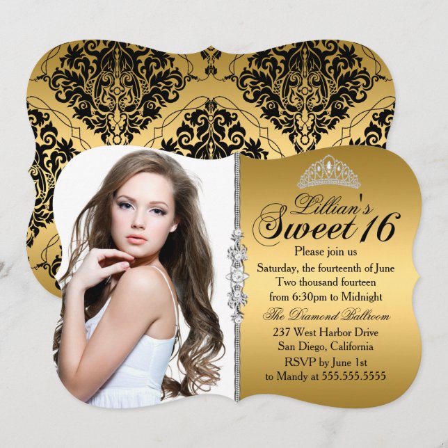 Invitation Couronne de princesse or et noir pour un anniversa (Devant / Derrière)