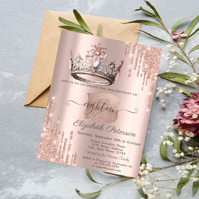 Invitation Couronne de princesse paillettes gouttes Rose Gold (Créateur téléchargé)