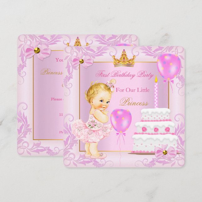 Invitation Couronne de princesse pour premier anniversaire fi (Devant / Derrière)