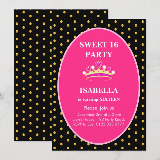 Invitation Couronne de princesse pour Sweet 16 Fête d'anniver (Devant / Derrière)