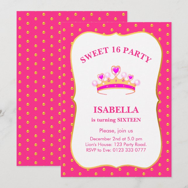 Invitation Couronne de princesse pour Sweet 16 pour fête d'an (Devant / Derrière)