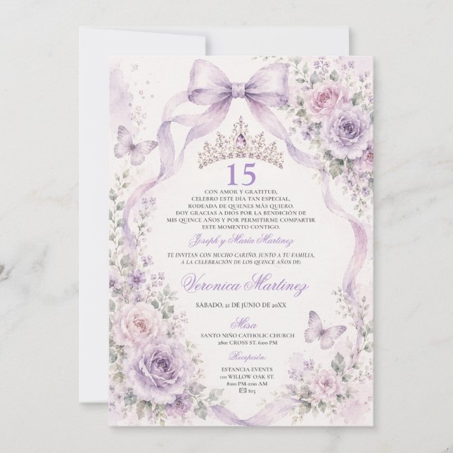 Invitation Couronne de princesse Quinceañera fleur violette 1 (Devant)