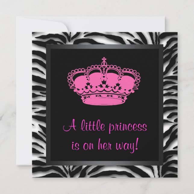Invitation Couronne de princesse rose chaud bébé fille zèbre  (Devant)