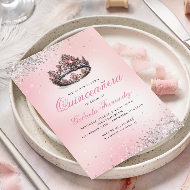 Invitation Couronne de princesse rose élégante Quinceanera (Créateur téléchargé)