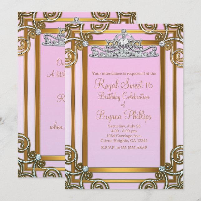 Invitation Couronne de princesse rose et or, Tiara pour fête  (Devant / Derrière)