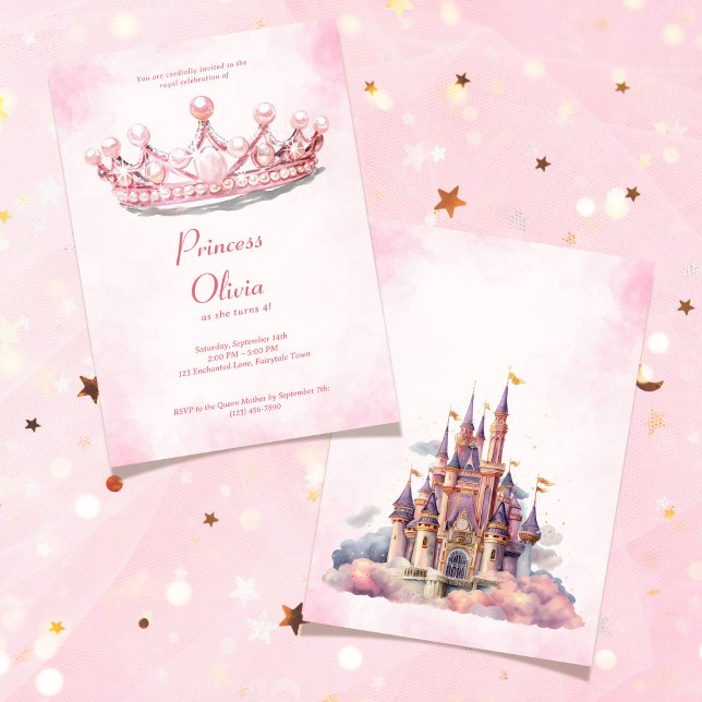 Invitation Couronne de princesse rose fête d'anniversaire con (Pink Princess Tiara Fairytale Birthday Party Invitation)