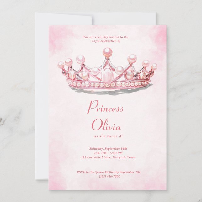 Invitation Couronne de Princesse Rose Fête d'Anniversaire Con (Devant)