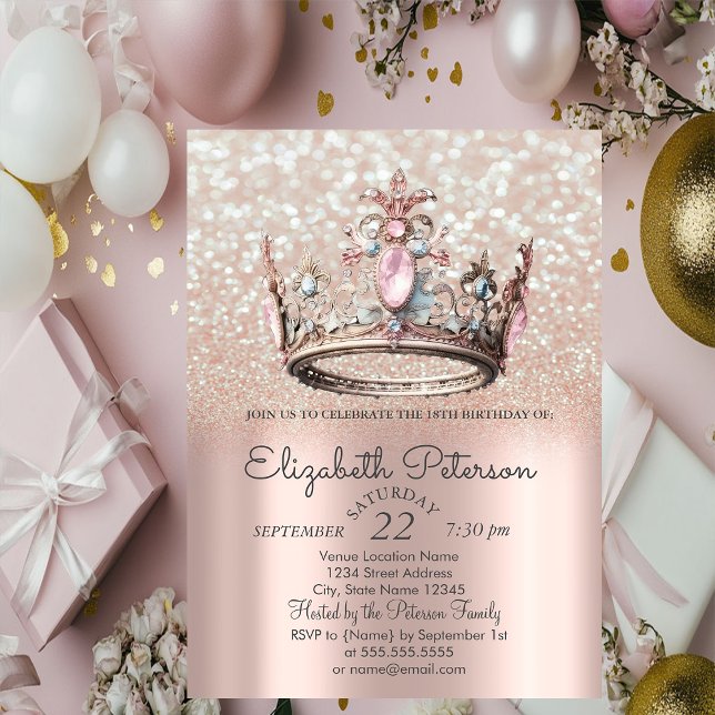 Invitation Couronne de princesse Rose Gold Bokeh 18e Annivers (Créateur téléchargé)