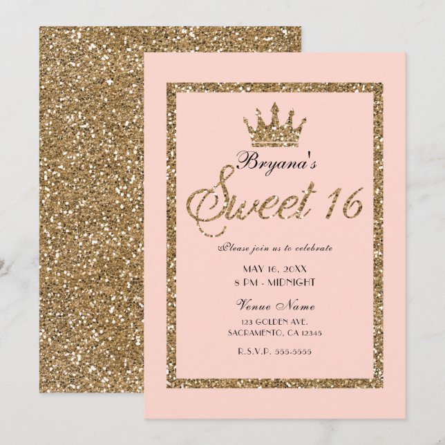 Invitation Couronne de princesse rose pailletée or scintillan (Devant / Derrière)