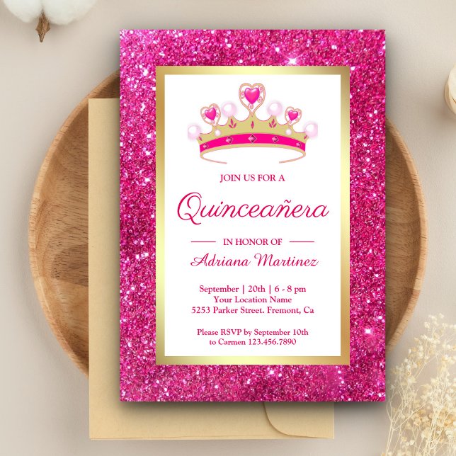 Invitation Couronne de princesse rose pailletée pour Quinceañ (Créateur téléchargé)