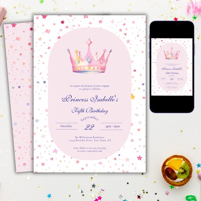 Invitation Couronne de princesse Rose pastel Fée 5ème Anniver (Créateur téléchargé)