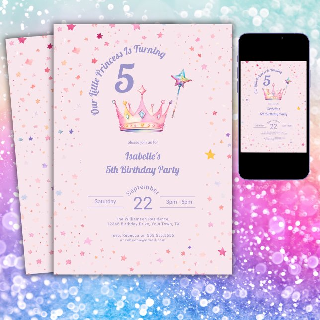 Invitation Couronne de princesse Rose pastel Fille Anniversai (Créateur téléchargé)