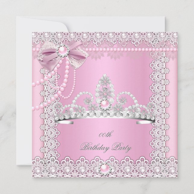 Invitation Couronne de princesse rose perles blanches nœud en (Devant)