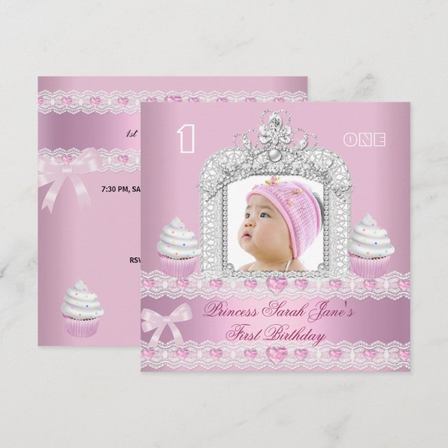 Invitation Couronne de princesse rose pour 1er anniversaire d (Devant / Derrière)