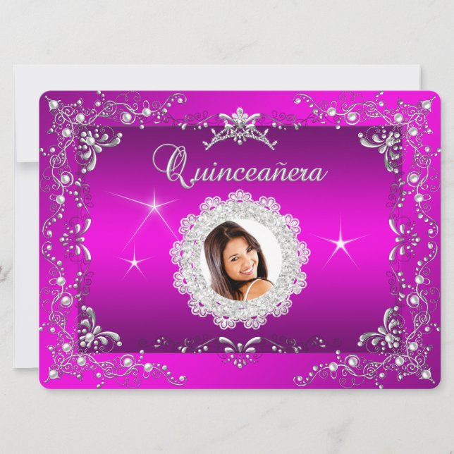Invitation Couronne de princesse rose pour Quinceanera argent (Devant)