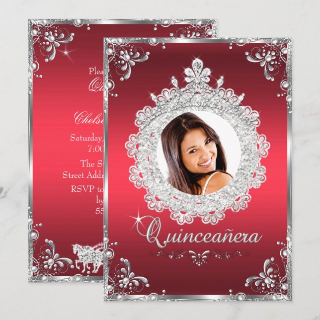 Invitation Couronne de princesse Ruby Rouge Étincelle Quincea (Devant / Derrière)