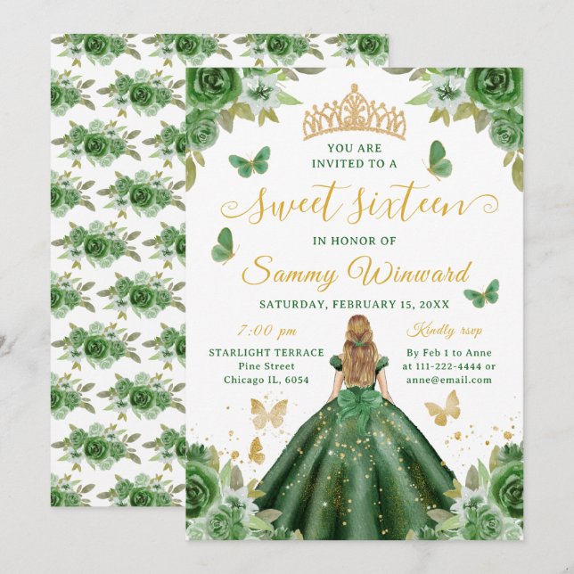 Invitation Couronne de Princesse Seize Ans Sucrée Fleurs Vert (Devant / Derrière)