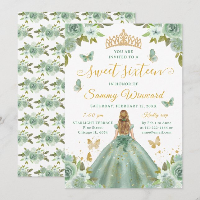 Invitation Couronne de Princesse Seize Ans Sucrée Fleurs Vert (Devant / Derrière)