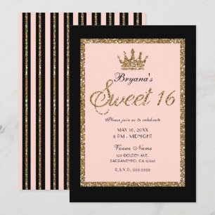 Invitation Couronne de princesse Sweet 16 en or rose pailleté