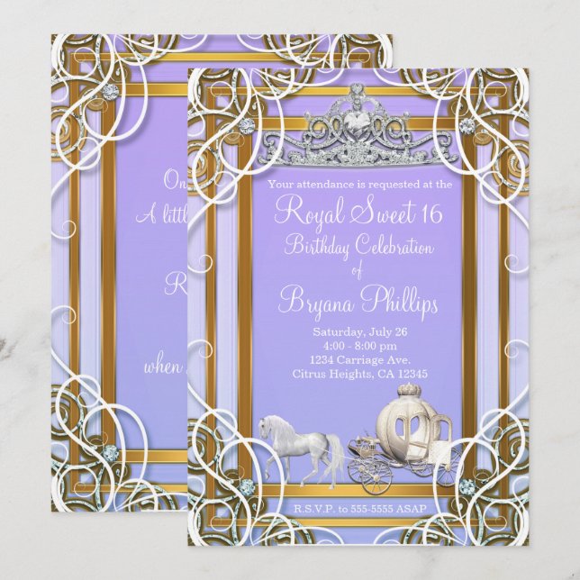 Invitation Couronne de princesse violette et or Carrosse Swee (Devant / Derrière)