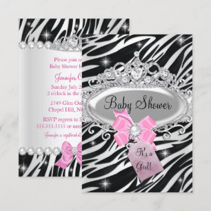 Invitation Couronne de Princesse Zèbre Étincelle Rose Baby Sh