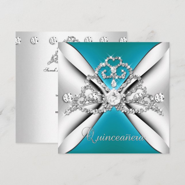 Invitation Couronne de Quinceañera 15 ans Bleu sarcelle Argen (Devant / Derrière)