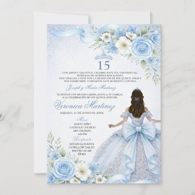 Invitation Couronne de Quinceañera 15 Ans Mis Quince Bleu Pou (Devant)