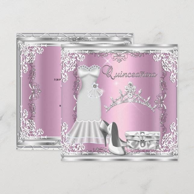 Invitation Couronne de Quinceanera 15 ans rose argent diamant (Devant / Derrière)