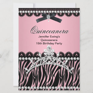 Invitation Couronne de Quinceanera 15ème Noir Rose Zèbre
