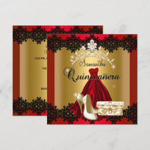 Invitation Couronne de Quinceanera 15ème Rouge Noir Or Diaman